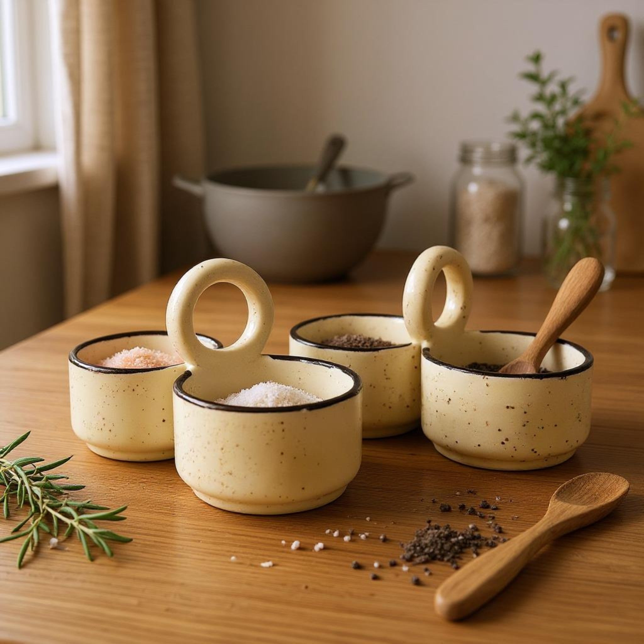Set of ceramic spice containers with wooden spoons on a wooden table.